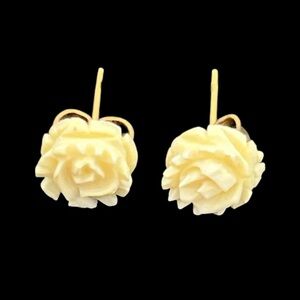 Cream colored carved celluloid rose flower gold filled stud earrings vintage